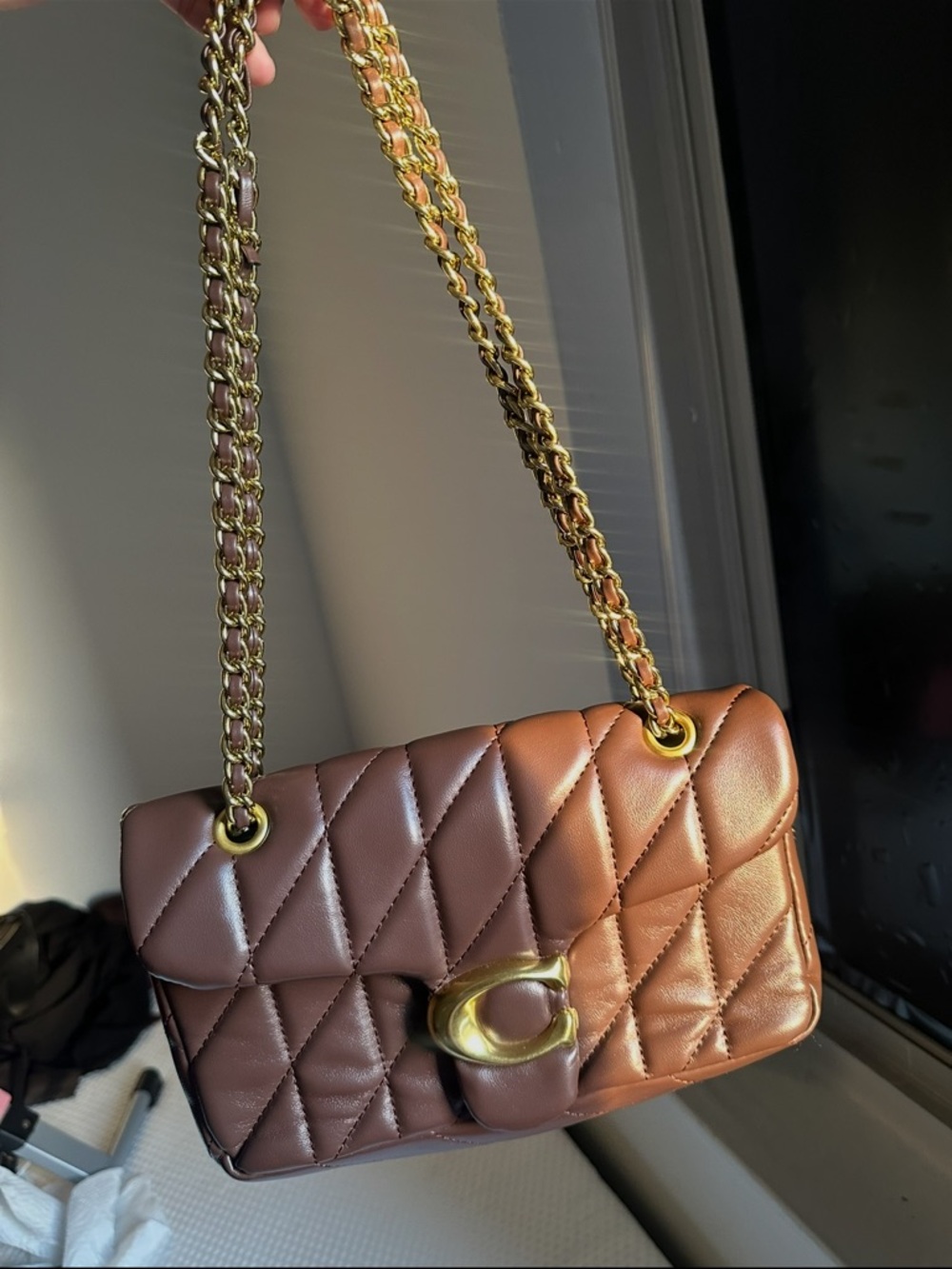 Quilted Chocolate Brown Shoulder Bag with Gold Hardware